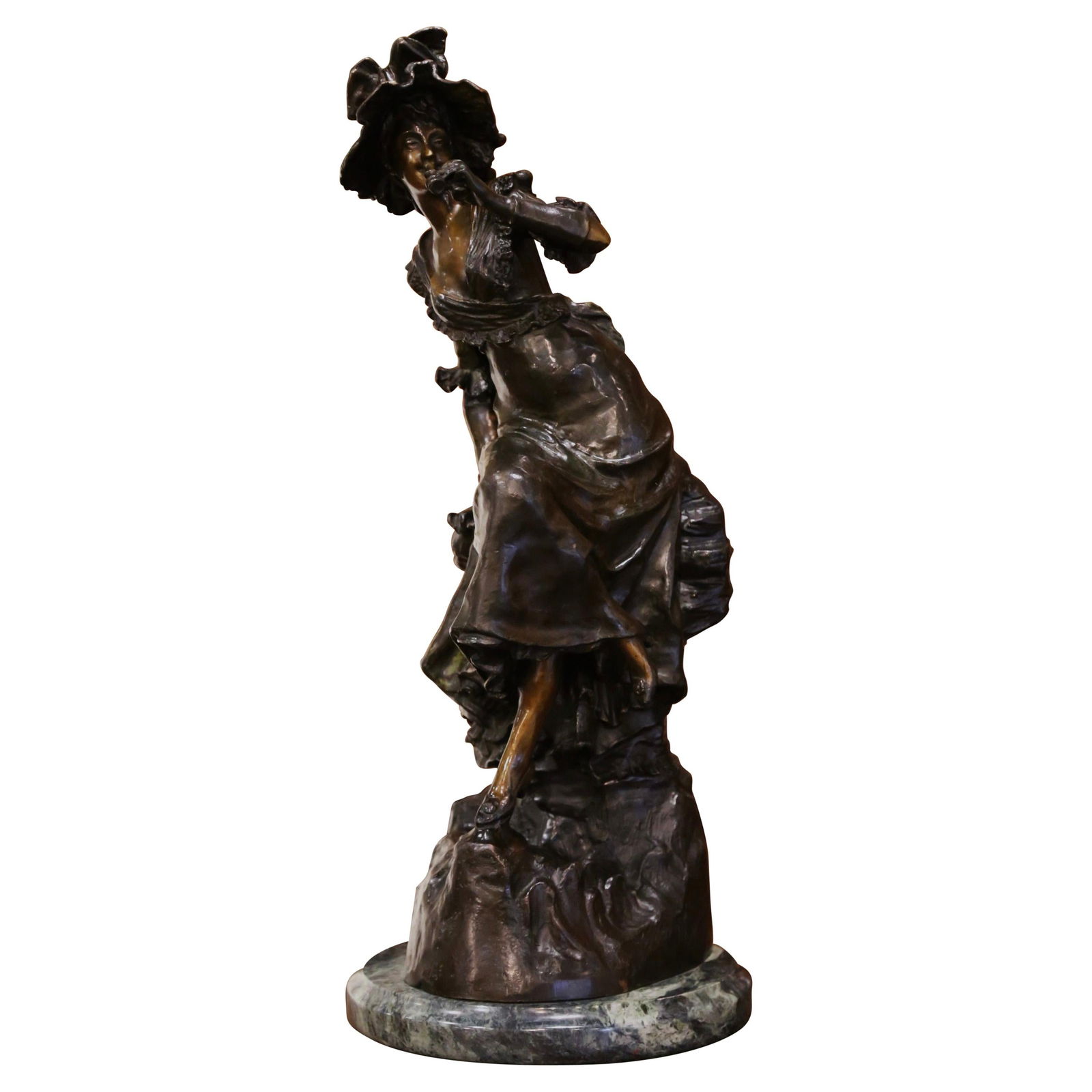 French Bronze Figure La Belle aux Jumelles Signed by L Hottot: French Bronze Figure La Belle aux Jumelles Signed by L Hottot This mid-century French bronze sculpture titled "La Belle aux Jumelles" is signed by L. Hottot. Crafted in France circa 1960, the hand-cra