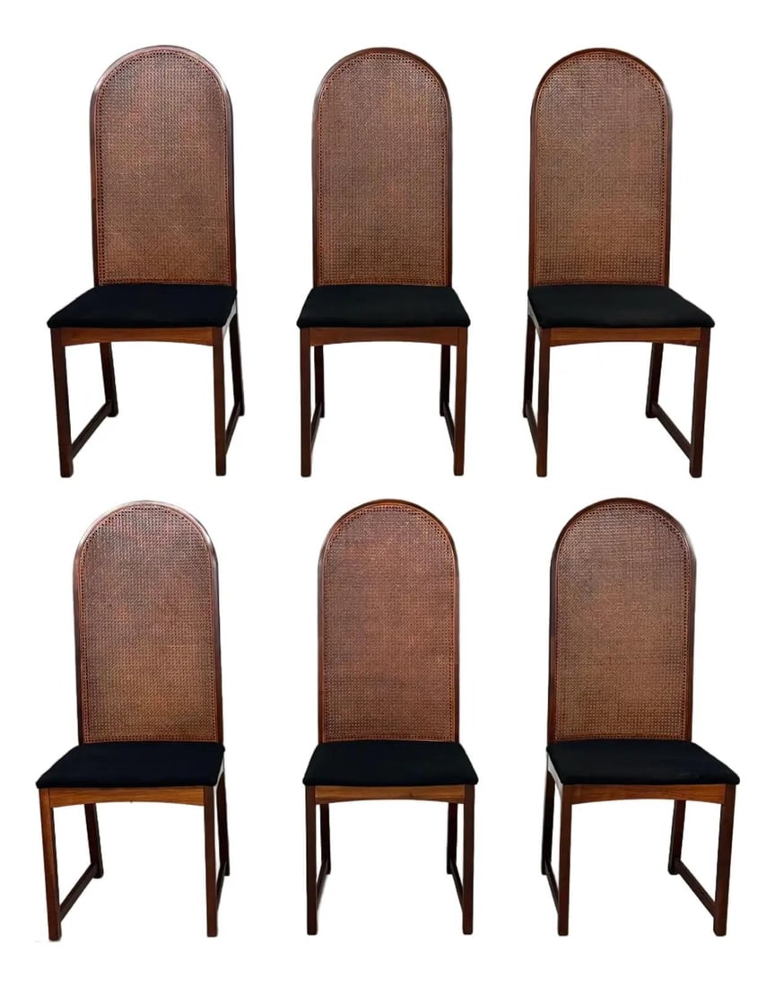 Milo Baughman 1950s Walnut Dining Chairs Set of 6 Black Upholstery: Milo Baughman 1950s Walnut Dining Chairs Set of 6 Black Upholstery This stunning set of six mid-century modern dining chairs, designed by the renowned Milo Baughman for Directional, features a solid w