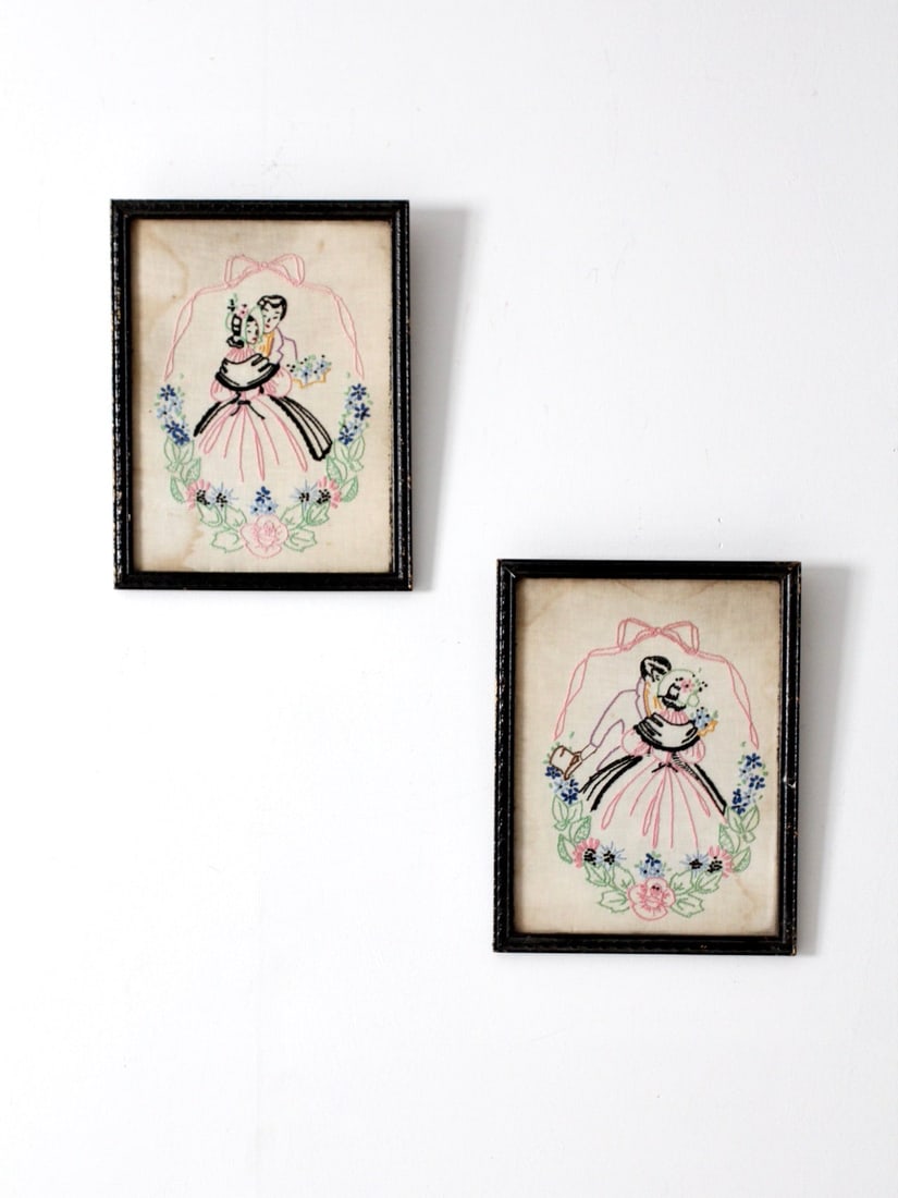 Vintage Framed Embroidery Art Pair with Floral Details (1 of 8)