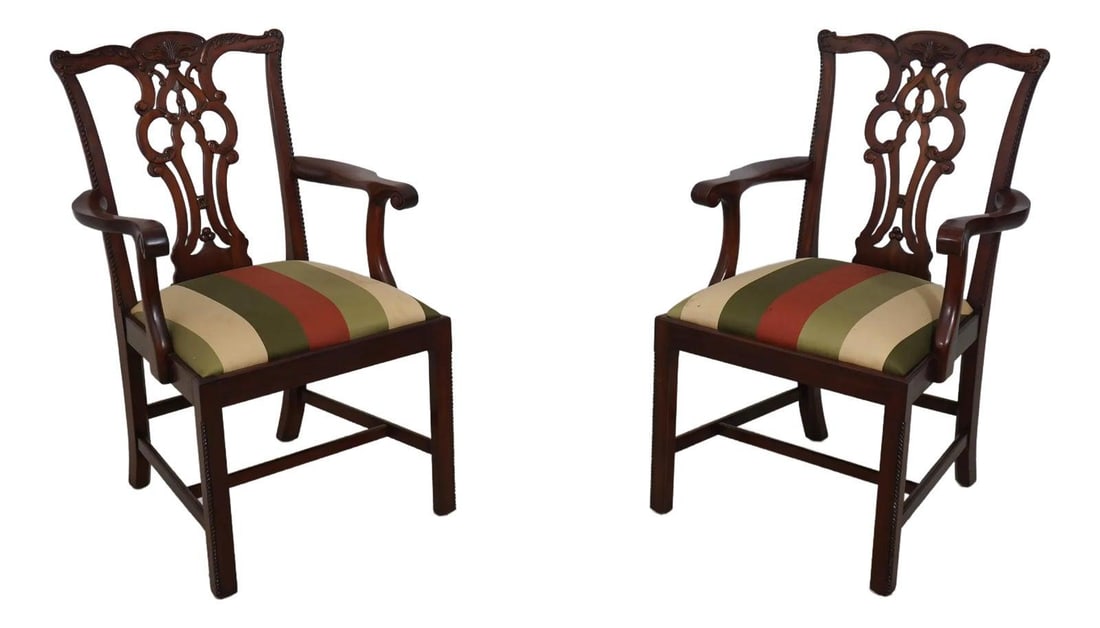 Maitland Smith Chippendale Mahogany Arm Chairs Pair Elegant Design: Maitland Smith Chippendale Mahogany Arm Chairs Pair Elegant Design This exquisite pair of Maitland Smith Chippendale mahogany arm chairs showcases fine carved details and quality construction, reflect