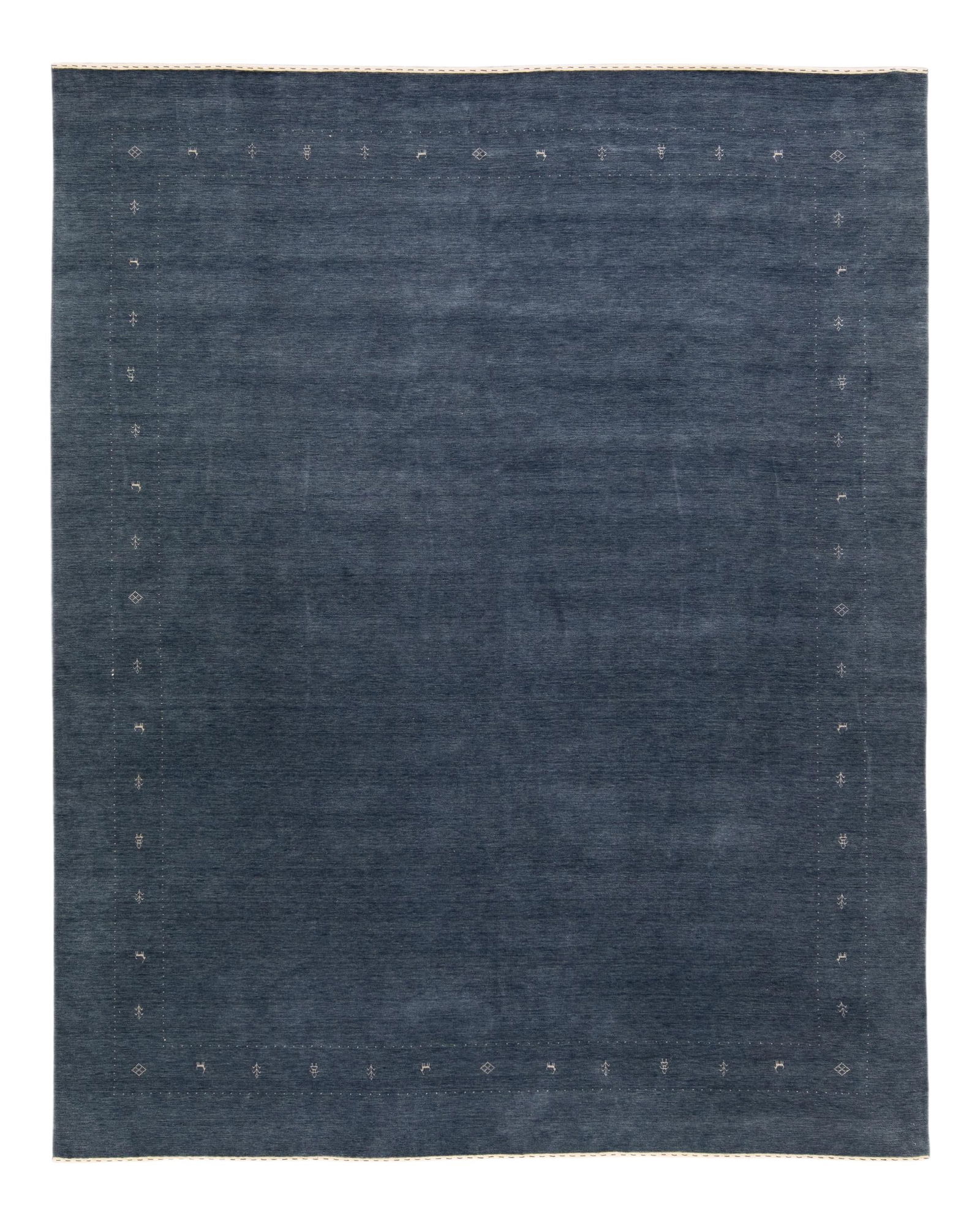 Modern Gabbeh Hand-Loom Blue Wool Rug 12' x 15' Geometric Design: Modern Gabbeh Hand-Loom Blue Wool Rug 12' x 15' Geometric Design Enhance your space with this beautiful modern Gabbeh style hand-loom wool rug featuring a captivating blue field. The rug showcases whi