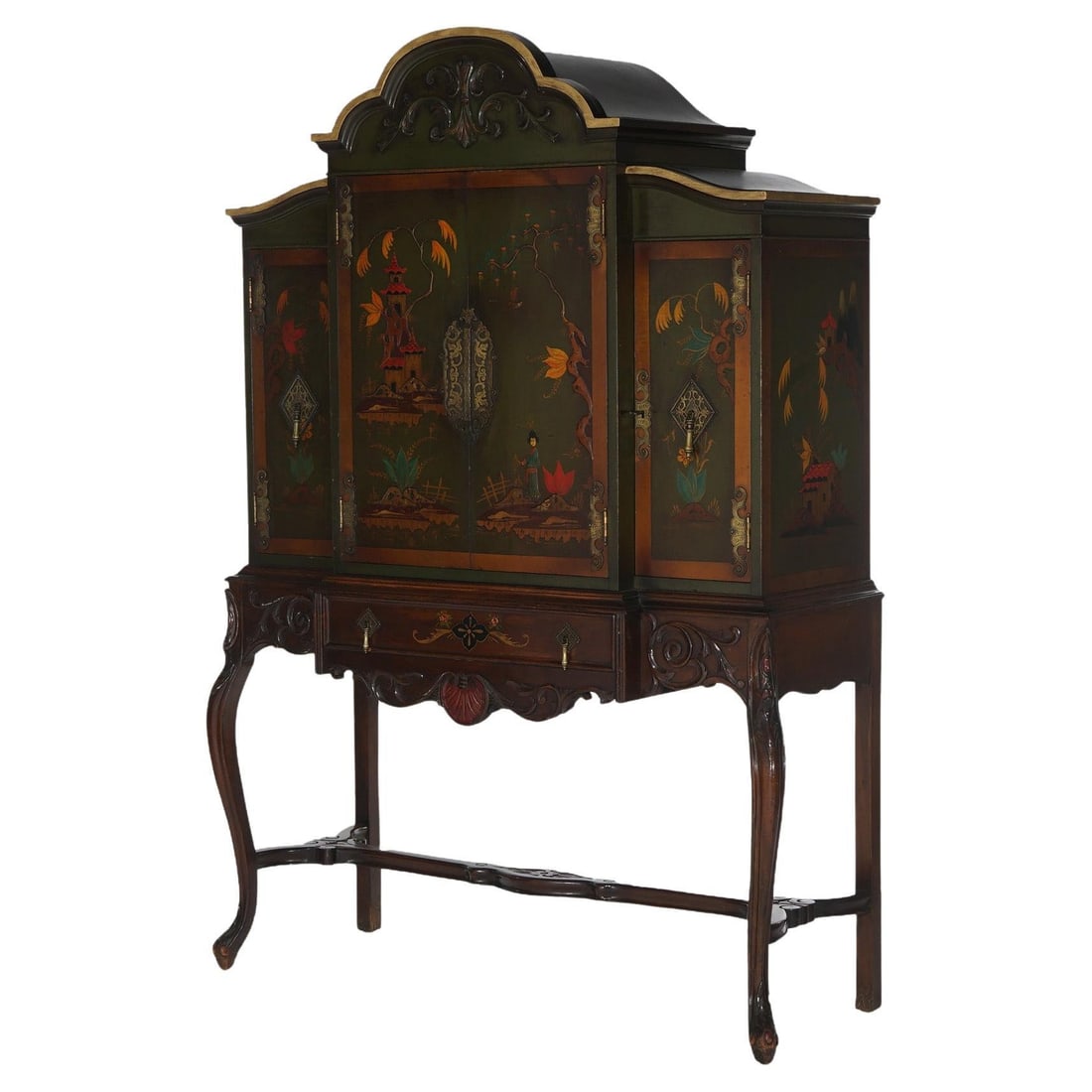 Antique French Carved Mahogany Chinoiserie Credenza C1910: Antique French Carved Mahogany Chinoiserie Credenza C1910 This exquisite Antique French Style Carved Mahogany Credenza dates back to c1910 and features intricate polychromed Chinoiserie decorations. S