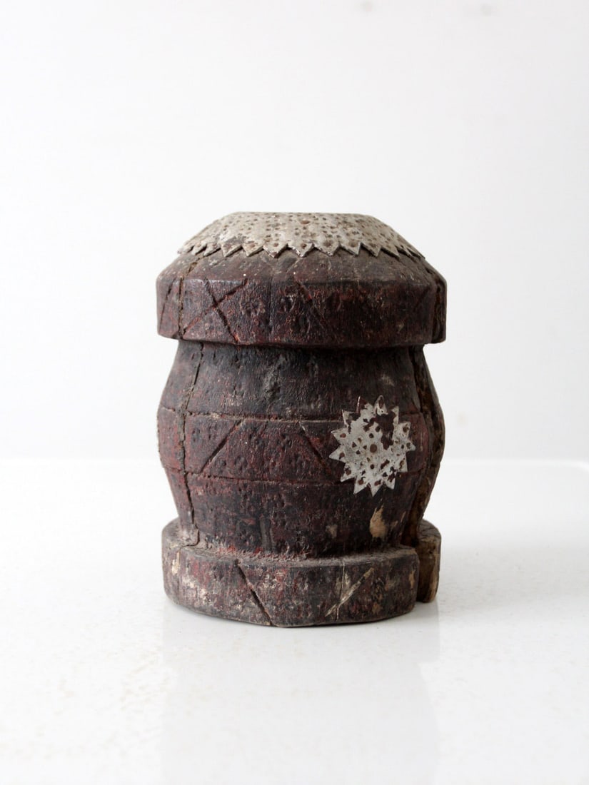 Antique Wooden Mortar with Intricate Metalwork 8.5 Inch (1 of 12)