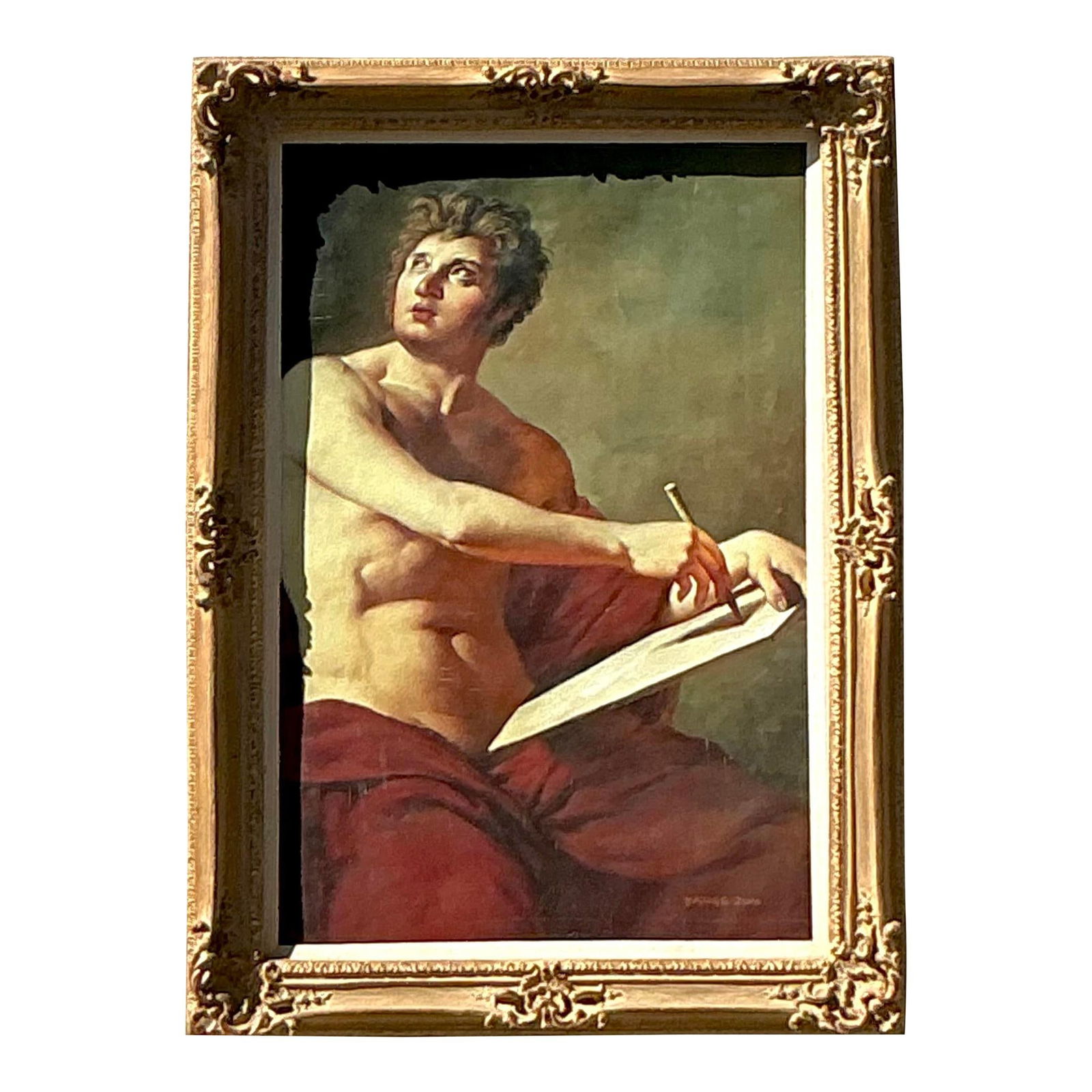 Regency Style Oil on Canvas Painting with Gilded Frame: Regency Style Oil on Canvas Painting with Gilded Frame This stunning Regency-style oil painting showcases a contemplative male figure enveloped in a luxurious red cloth, exuding an aura of classical e