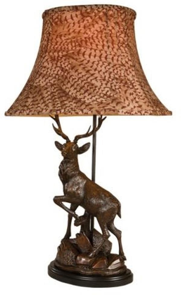 Rustic Lodge-Style Lamp with Pheasant Feather Pattern Shade: Rustic Lodge-Style Lamp with Pheasant Feather Pattern Shade Illuminate your space with this exquisite hand-crafted rustic lamp, designed to bring a unique touch to your decor. This lamp features a stu