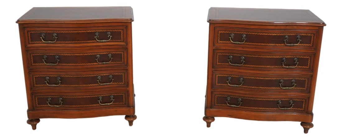 Alfonso Marina Mahogany Bow Front Inlaid Nightstands Pair: Alfonso Marina Mahogany Bow Front Inlaid Nightstands Pair This exquisite pair of Alfonso Marina mahogany bow front inlaid nightstands showcases fine craftsmanship with factory distressed mahogany and