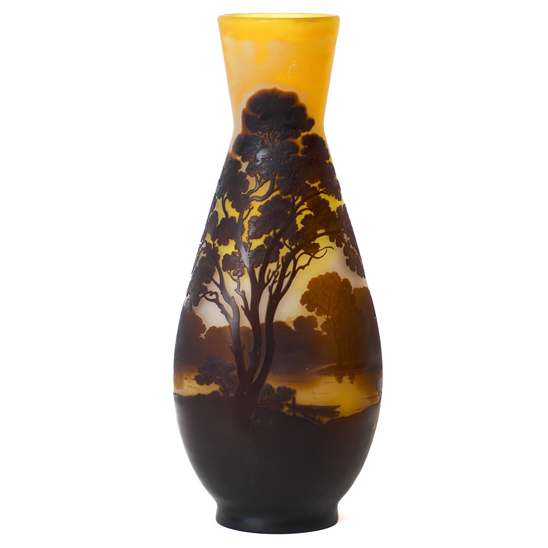 Emile Galle Antique Cameo Glass Landscape Vase Signed 16.25 inches: Emile Galle Antique Cameo Glass Landscape Vase Signed 16.25 inches Introducing the exquisite Galle Cameo Glass Landscape Vase, a remarkable piece by the acclaimed artist Emile Galle. This antique orig