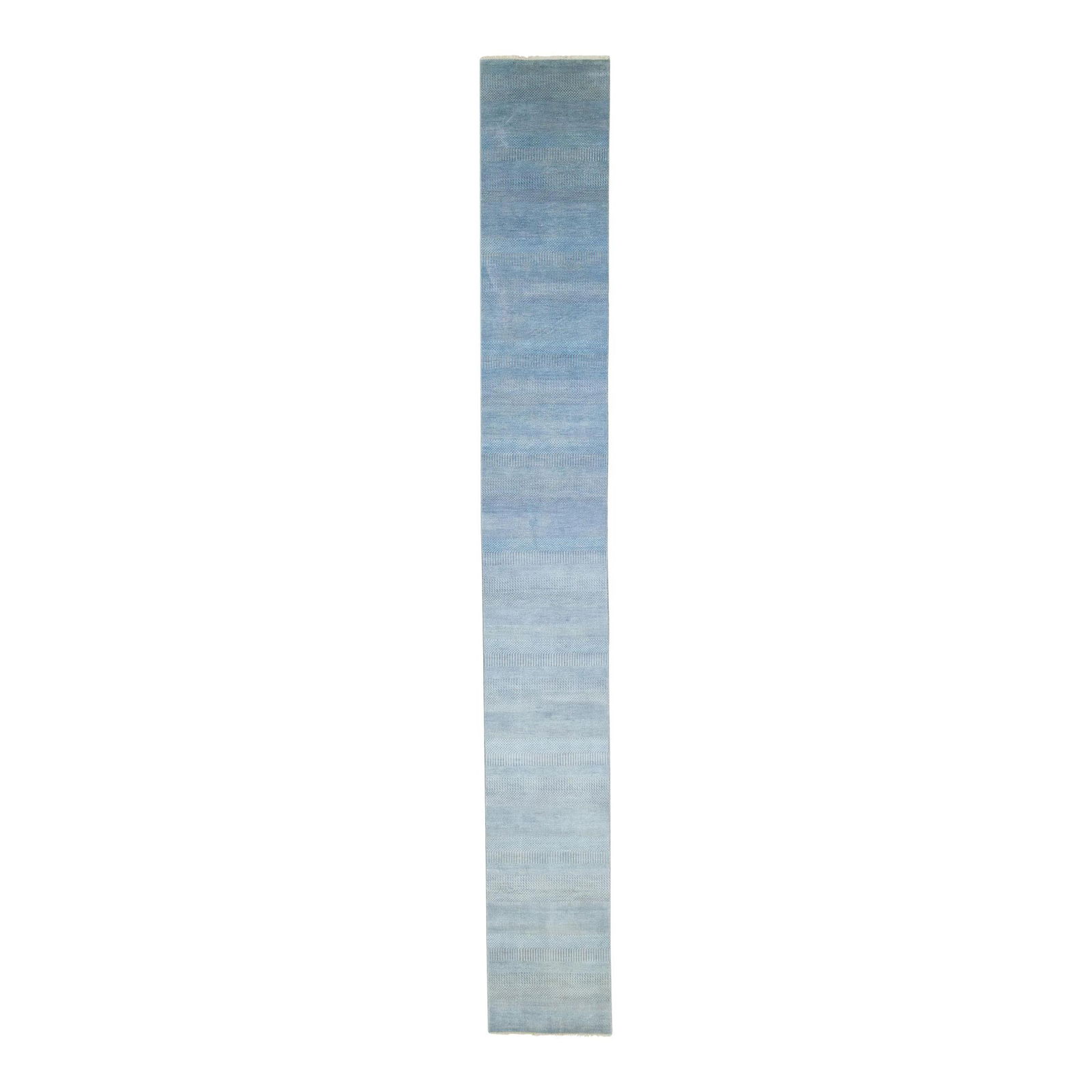 Handmade Modern Light Blue Wool Runner Rug with Geometric Design 2'7 x 19'9: Handmade Modern Light Blue Wool Runner Rug with Geometric Design 2'7 x 19'9 Enhance your contemporary space with this exquisite handmade modern runner, featuring a soft light blue wool composition. Th