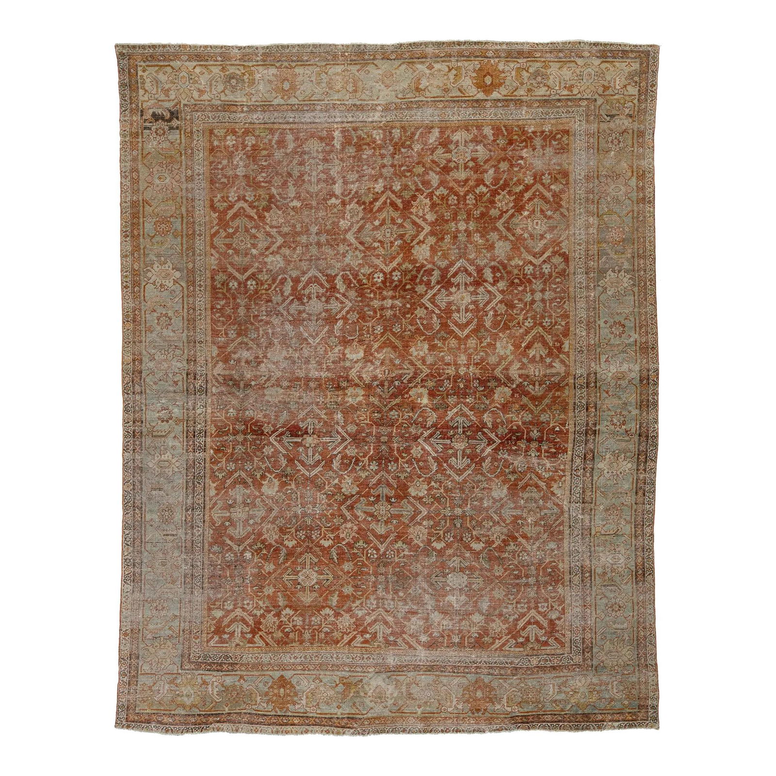 Antique Mahal Hand-Knotted Wool Rug 9' x 11'8' Rust Allover Design: Antique Mahal Hand-Knotted Wool Rug 9' x 11'8' Rust Allover Design Experience the timeless elegance of this antique Mahal hand-knotted wool rug, showcasing a stunning rust field adorned with an intric