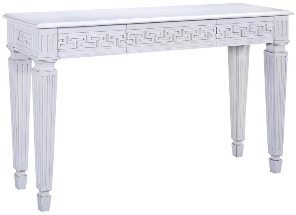 Neo-Classical Venetian White Console Table Solid Wood Greek Key Design: Neo-Classical Venetian White Console Table Solid Wood Greek Key Design This elegant Venetian White Console Table showcases a stunning Greek Key design, perfect for adding a touch of neo-classical styl