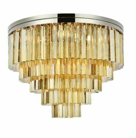 Sydney 17-Light Crystal Flush Chandelier with Polished Nickel and Golden Teak Accents 32": Sydney 17-Light Crystal Flush Chandelier with Polished Nickel and Golden Teak Accents 32" This contemporary flush mount chandelier features a striking polished nickel frame adorned with golden teak ro