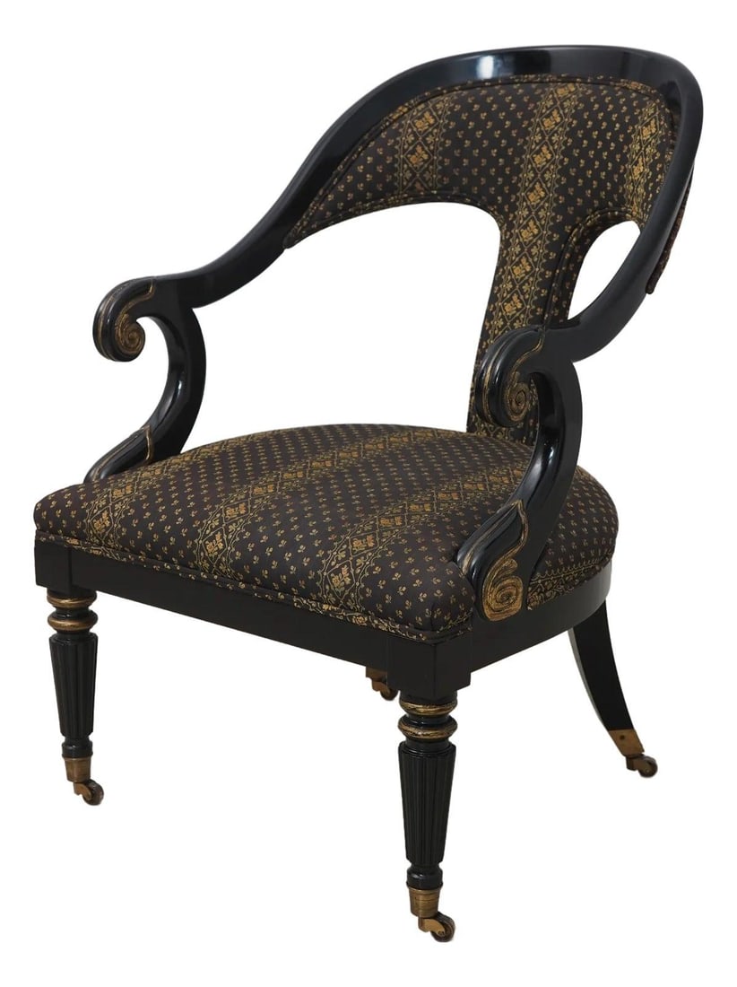 Neoclassical Black Gold Chair with Scrolled Arms and Brass Casters: Neoclassical Black Gold Chair with Scrolled Arms and Brass Casters This exquisite English Style Neoclassical chair showcases a sophisticated design with intricate carved details and a refined black la