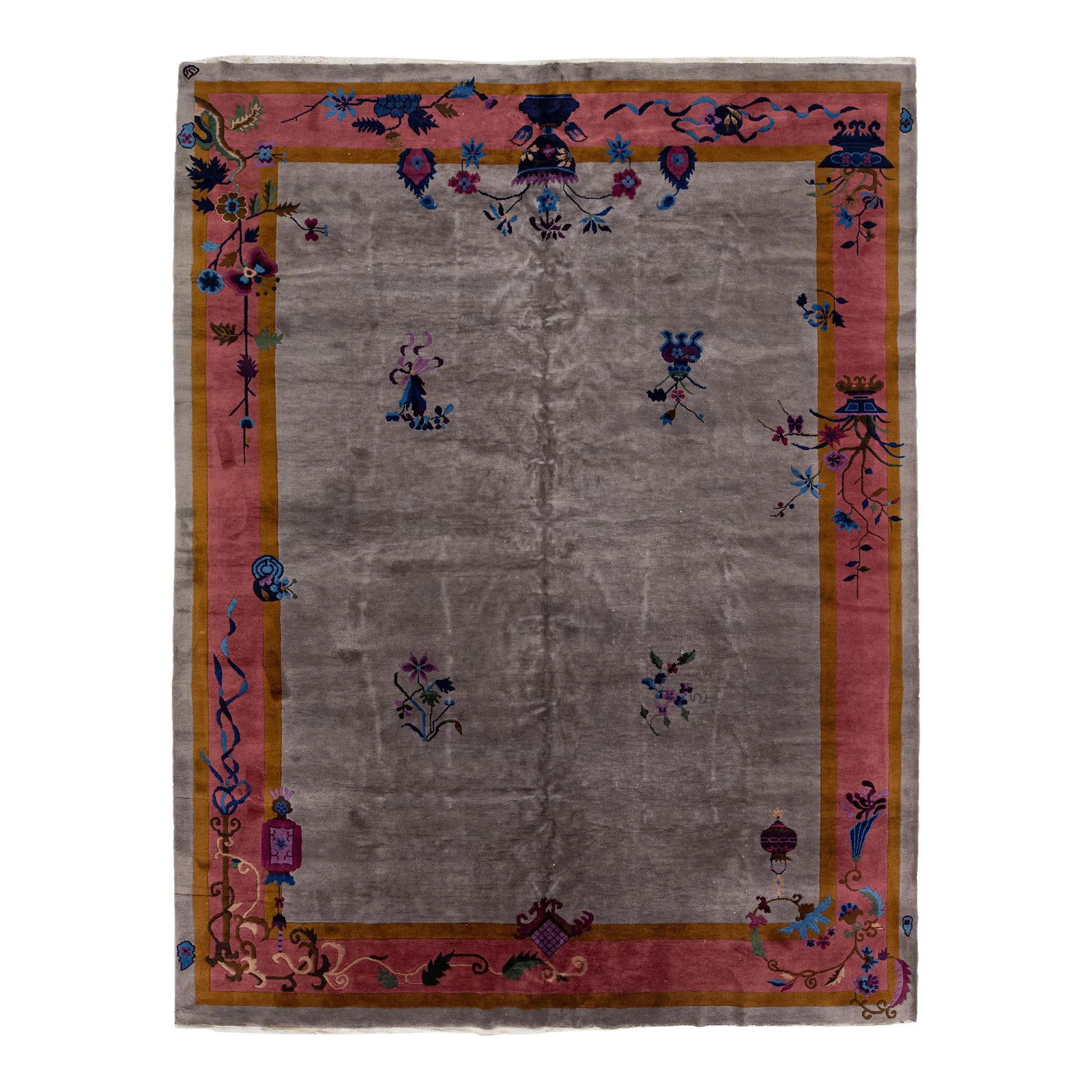 Antique Art Deco Handmade Gray Chinese Wool Rug 9' x 11'6' Floral Design: Antique Art Deco Handmade Gray Chinese Wool Rug 9' x 11'6' Floral Design Discover the elegance of this antique Art Deco hand-knotted wool rug, featuring a sophisticated gray field. This exquisite Chin