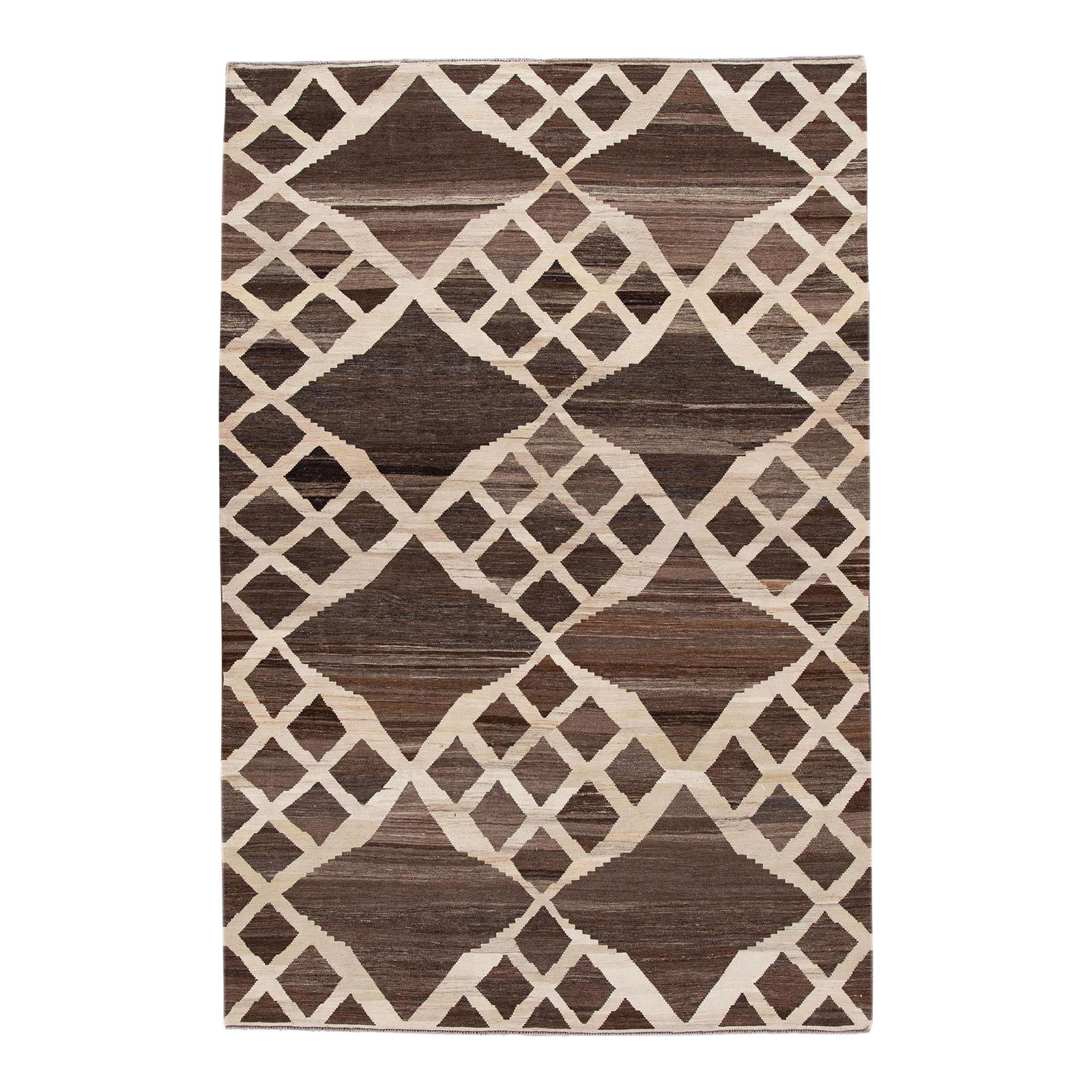 2020s Brown Wool Turkish Kilim Rug with Geometric Design 6'7 x 9'11: 2020s Brown Wool Turkish Kilim Rug with Geometric Design 6'7 x 9'11 Enhance your living space with this exquisite 2020s Flatweave Turkish Kilim Wool Rug. Expertly hand-knotted, this rug features a cap
