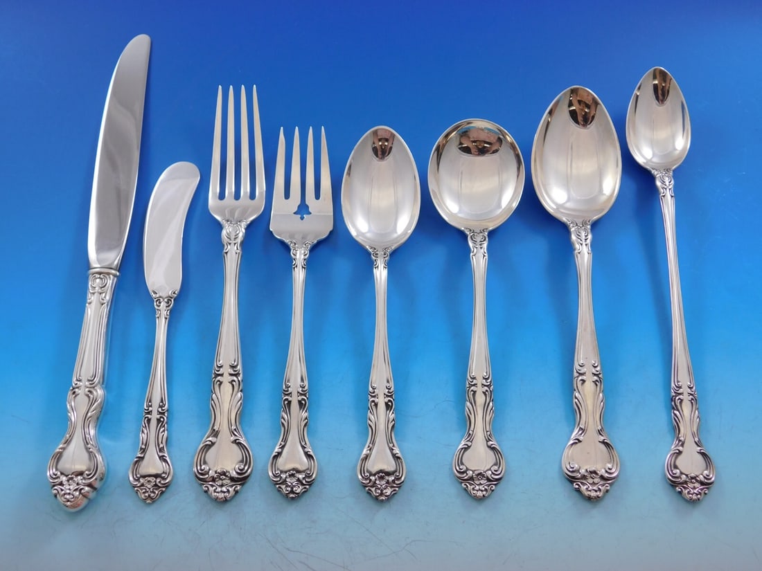 Manchester Amaryllis Sterling Silver Flatware Set 60 Pieces for 12: Manchester Amaryllis Sterling Silver Flatware Set 60 Pieces for 12 Discover the elegance of the Amaryllis pattern by Manchester with this exquisite 60-piece sterling silver flatware service set, desig