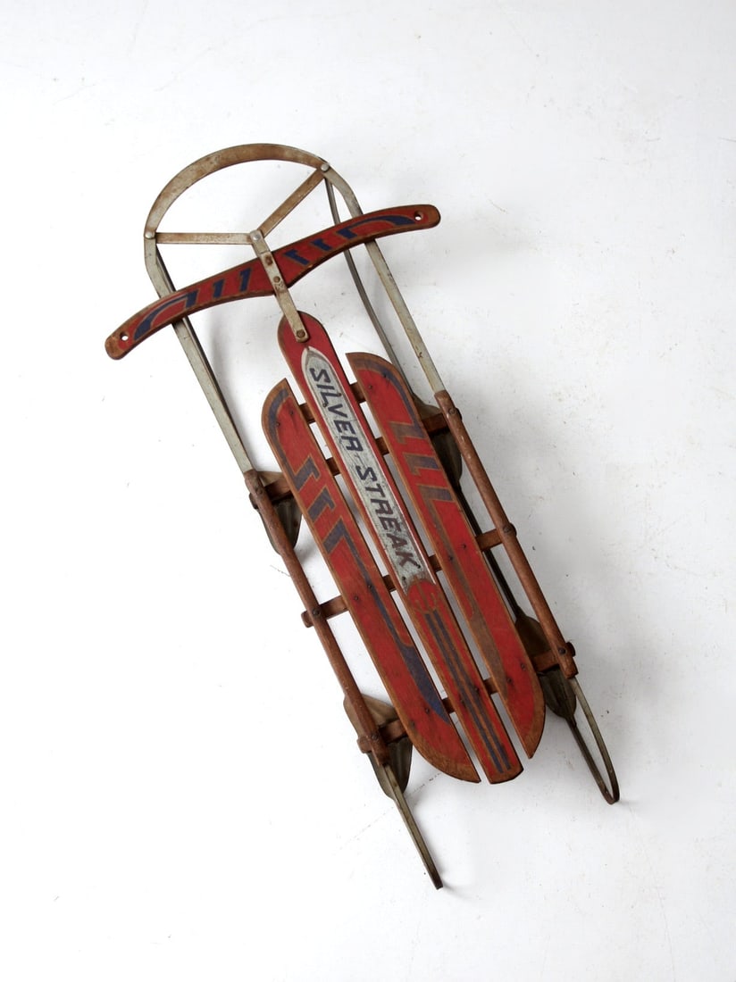 Vintage 1950s Garton Silver Streak Wooden Sled Red Blue: Vintage 1950s Garton Silver Streak Wooden Sled Red Blue Introducing a classic piece of winter nostalgia, the vintage Garton Silver Streak sled from the 1950s. This mid-century wooden racer showcases a