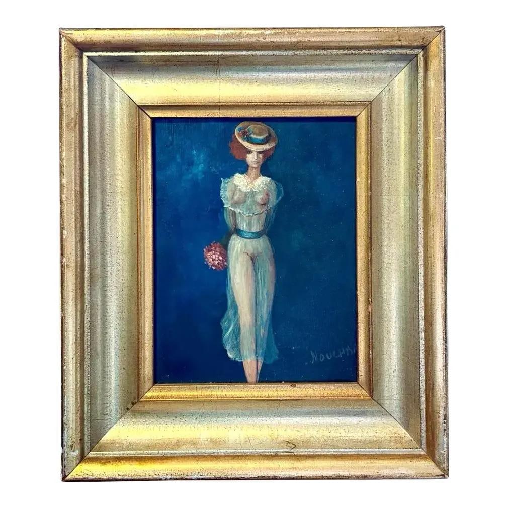 Framed Oil Portrait of Woman Signed Bohemian Vintage Style: Framed Oil Portrait of Woman Signed Bohemian Vintage Style This vintage oil painting features a softly stylized woman dressed in a sheer, flowing garment cinched with a sash, set against a deep blue b