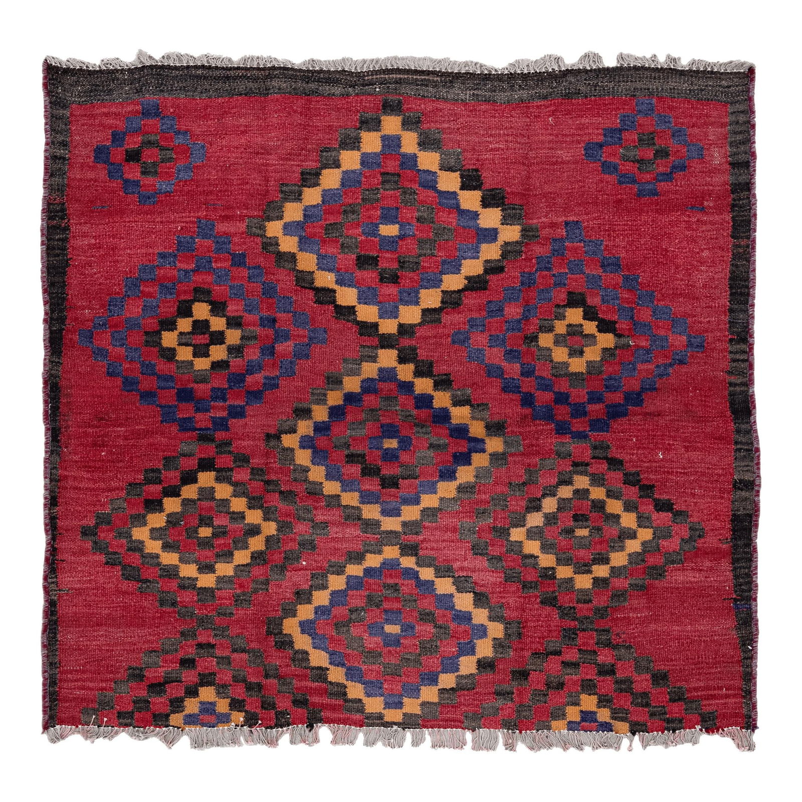 Vintage Handmade Kilim Wool Runner Red Geometric Design 4'3 X 4'7: Vintage Handmade Kilim Wool Runner Red Geometric Design 4'3 X 4'7 Enhance your space with this stunning vintage kilim handmade wool runner, featuring a vibrant red field adorned with an intricate all-