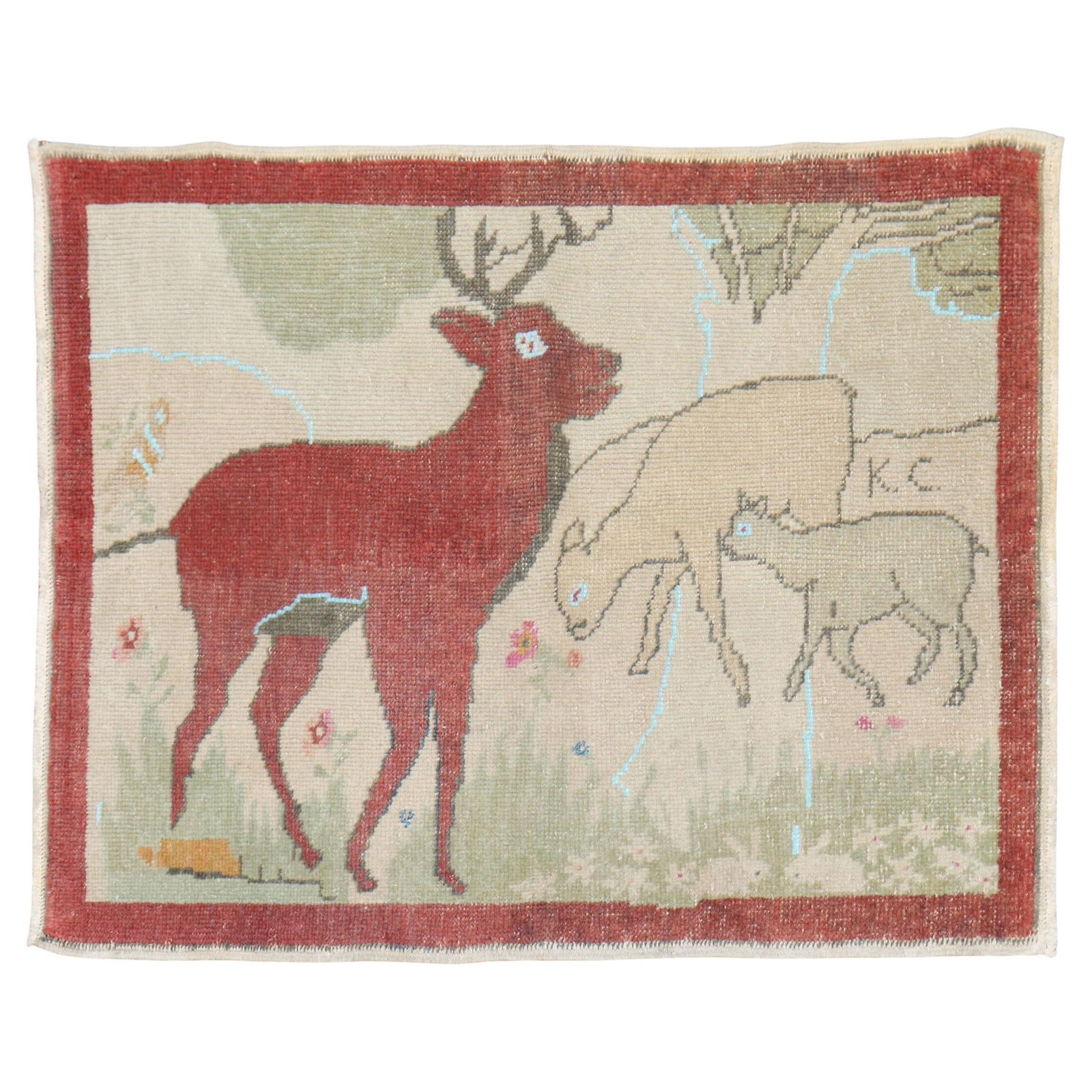 Zabihi Collection Mid-20th Century Turkish Pictorial Rug Deer Goats: Zabihi Collection Mid-20th Century Turkish Pictorial Rug Deer Goats This stunning mid-20th century Turkish rug features a beautiful pictorial design showcasing a deer and two goats, making it a unique