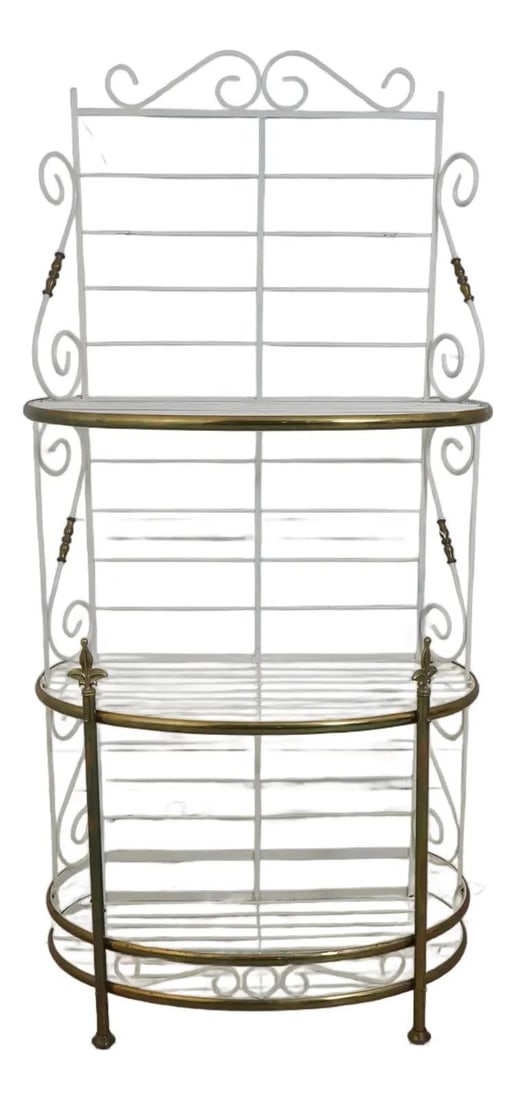 Vintage French Style Bakers Rack Iron Brass Construction 60 Years Old: Vintage French Style Bakers Rack Iron Brass Construction 60 Years Old This Vintage Painted Iron & Brass French Style Bakers Rack is a stunning piece that combines both functionality and elegance. Craf