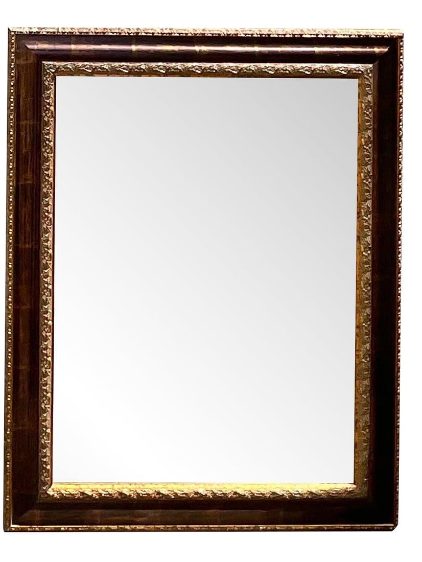 Vintage Regency Gilt Mirror with Tortoise Shell Finish 38.75x49: Vintage Regency Gilt Mirror with Tortoise Shell Finish 38.75x49 This stunning vintage wall mirror features a chic tortoise shell finish with elegant gilt tipping, making it a perfect statement piece f