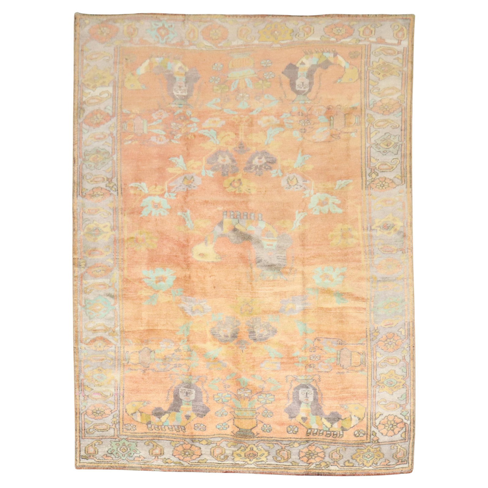 Mid 20th Century Oushak Anatolian Wool Rug with Mermaid Motif 5'8 x 7'4: Mid 20th Century Oushak Anatolian Wool Rug with Mermaid Motif 5'8 x 7'4 This vintage Turkish Anatolian rug features a peach orange color palette and displays mermaid motifs throughout. Hand-knotted fr