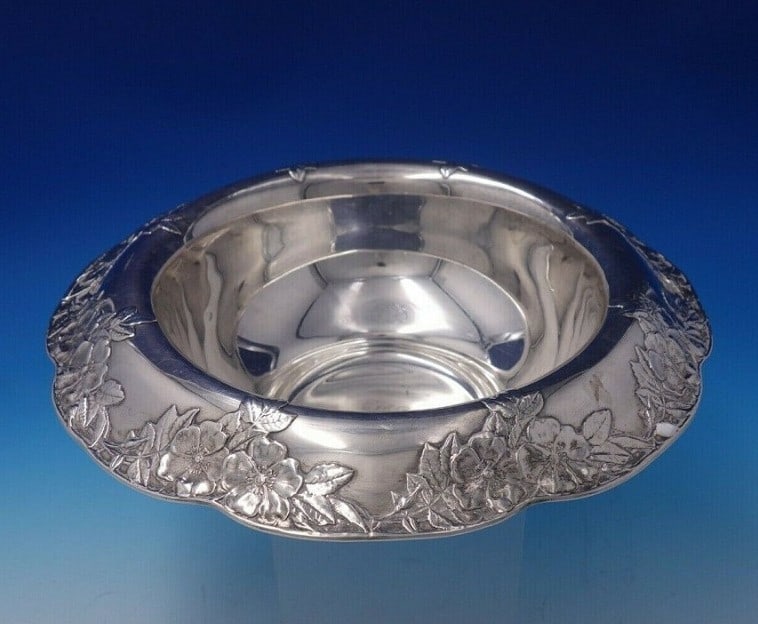 Tiffany & Co Sterling Silver Lap Over Edge Acid Etched Fruit Bowl 4" Tall 12" Diameter: Tiffany & Co Sterling Silver Lap Over Edge Acid Etched Fruit Bowl 4" Tall 12" Diameter Elevate your dining experience with this exquisite Lap Over Edge Acid Etched Fruit Bowl by Tiffany & Co. Crafted