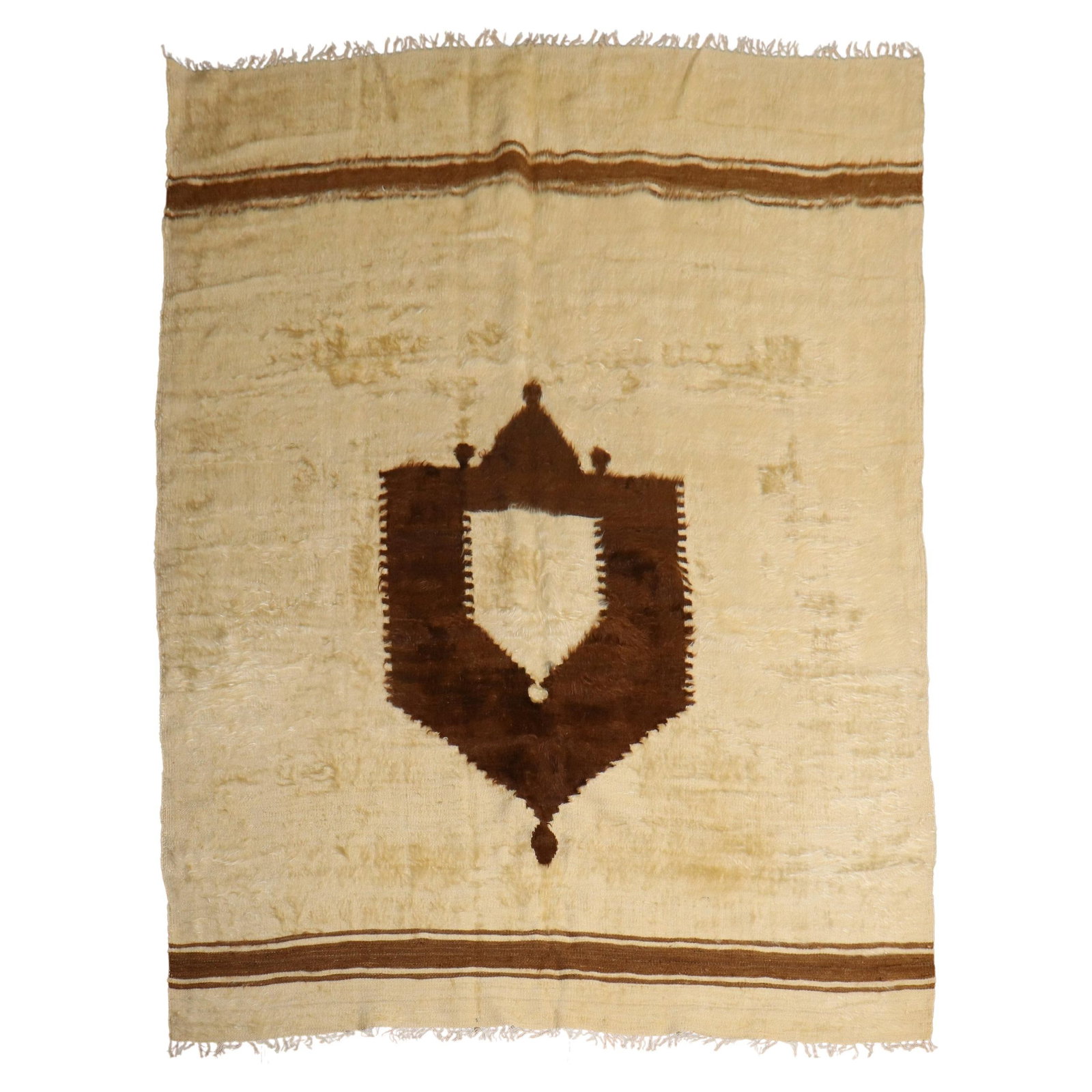 Mid-Century Modern Handmade Turkish Mohair Rug 62 x 75 Angora circa 1950: Mid-Century Modern Handmade Turkish Mohair Rug 62 x 75 Angora circa 1950 This exquisite vintage Turkish mohair rug showcases a striking chocolate brown off-center medallion set against a cream-colored