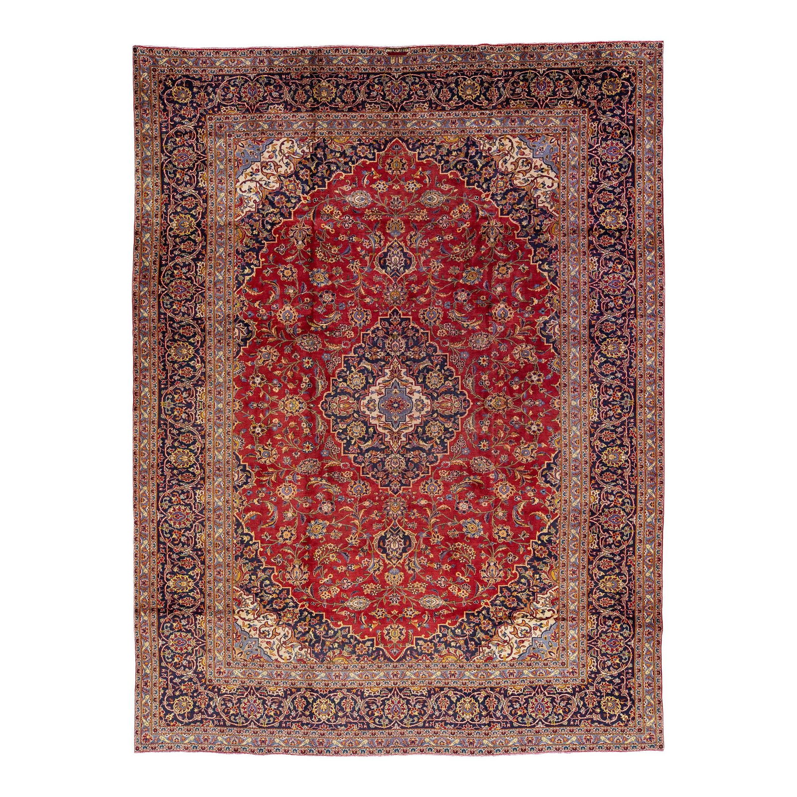 1960s Vintage Persian Kashan Red Floral Wool Rug 9'7 x 12'9: 1960s Vintage Persian Kashan Red Floral Wool Rug 9'7 x 12'9 Discover the elegance of this vintage Persian Kashan handmade wool rug, featuring a stunning red color field complemented by a navy blue fra