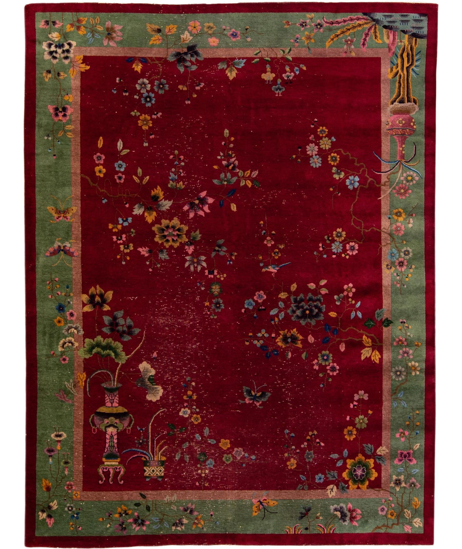 Antique Art Deco Chinese Hand-Knotted Floral Wool Rug 9' x 11'8: Antique Art Deco Chinese Hand-Knotted Floral Wool Rug 9' x 11'8 This stunning antique Art Deco Chinese rug showcases exquisite craftsmanship with its hand-knotted wool construction. Featuring a vibran
