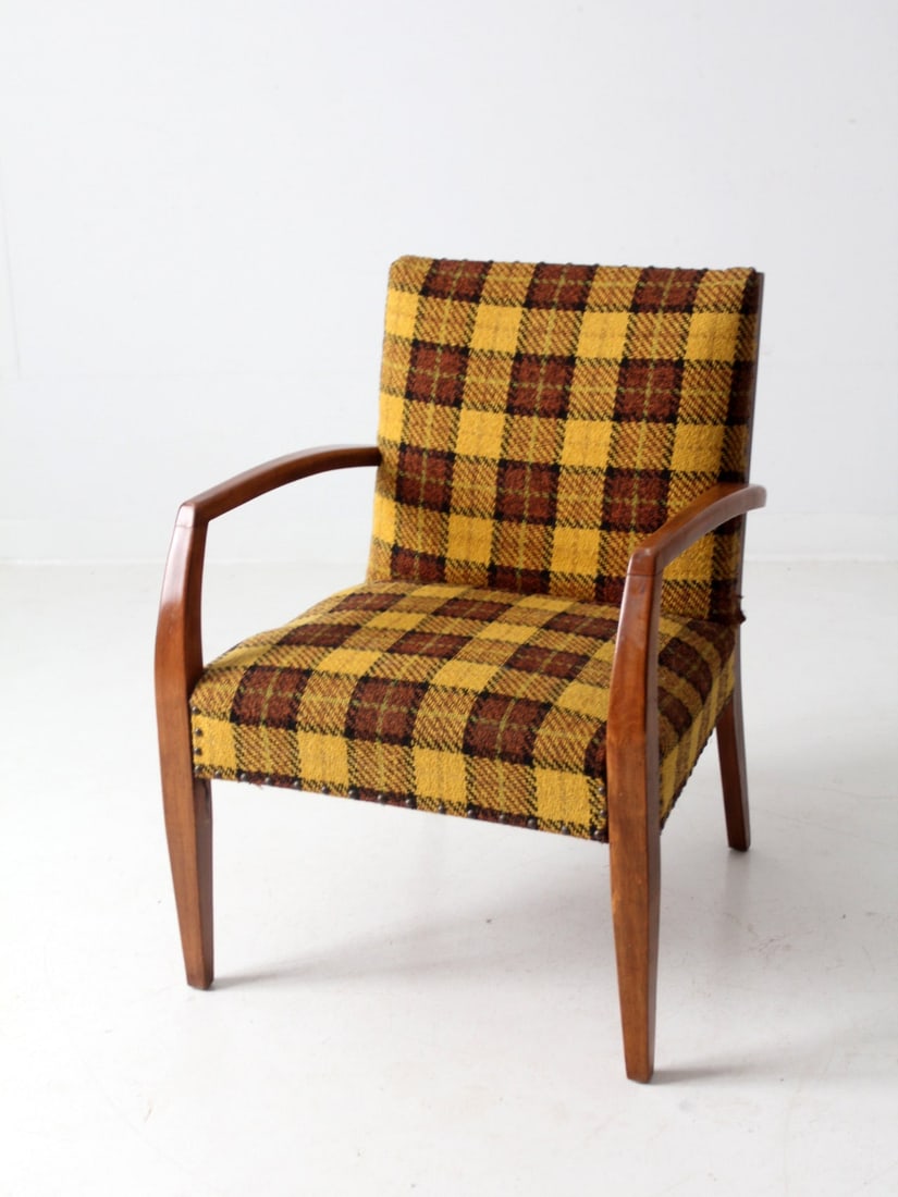 Vintage Mid Century Lounge Chair Yellow Plaid Upholstery Wood Frame: Vintage Mid Century Lounge Chair Yellow Plaid Upholstery Wood Frame This mid 20th century vintage lounge chair showcases a charming yellow plaid upholstery, complemented by a sleek wooden frame and br