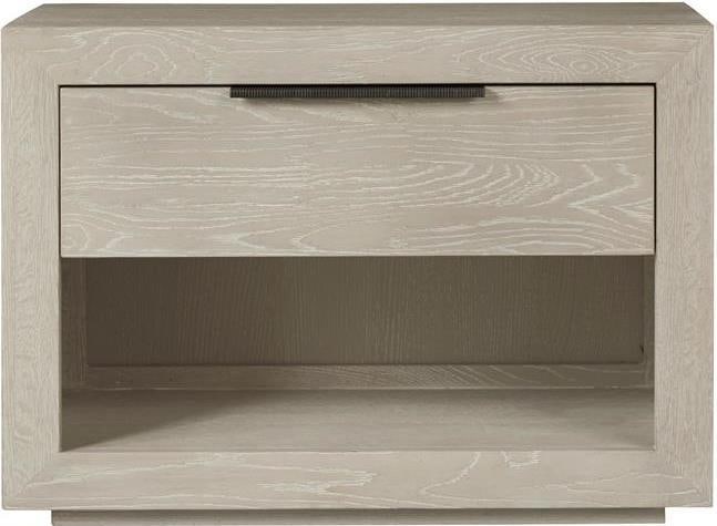 Universal Huston Nightstand with Quartz Finish in Transitional Style: Universal Huston Nightstand with Quartz Finish in Transitional Style Introducing the Huston Nightstand, a perfect blend of elegance and functionality. This transitional style nightstand features a sle