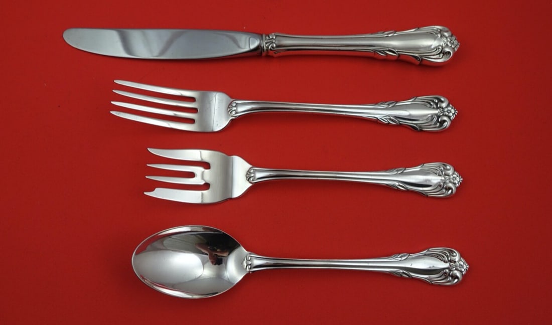 Kirk Veranda Sterling Silver 4-Piece Place Setting: Kirk Veranda Sterling Silver 4-Piece Place Setting Elevate your dining experience with this exquisite 4-piece place setting from the Veranda pattern by Kirk. Crafted from high-quality sterling silver,