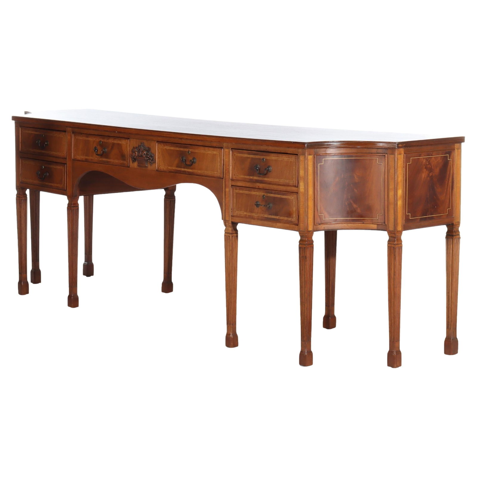 Circa 1930 French Sheraton Carved Mahogany Sideboard: Circa 1930 French Sheraton Carved Mahogany Sideboard This exquisite Antique French Sheraton Carved Mahogany Sideboard, crafted circa 1930, showcases the elegance of early 20th century design. Made fro
