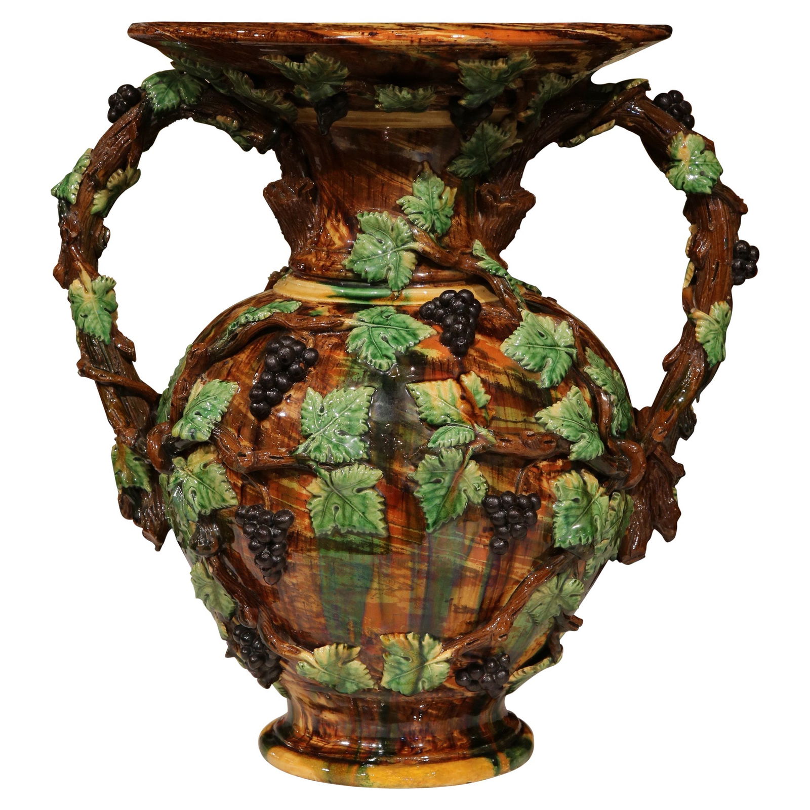 19th Century French Hand-Painted Ceramic Barbotine Vase with Grape Decor: 19th Century French Hand-Painted Ceramic Barbotine Vase with Grape Decor This exquisite 19th century French painted ceramic barbotine vase, crafted circa 1890, showcases a stunning blend of artistry a