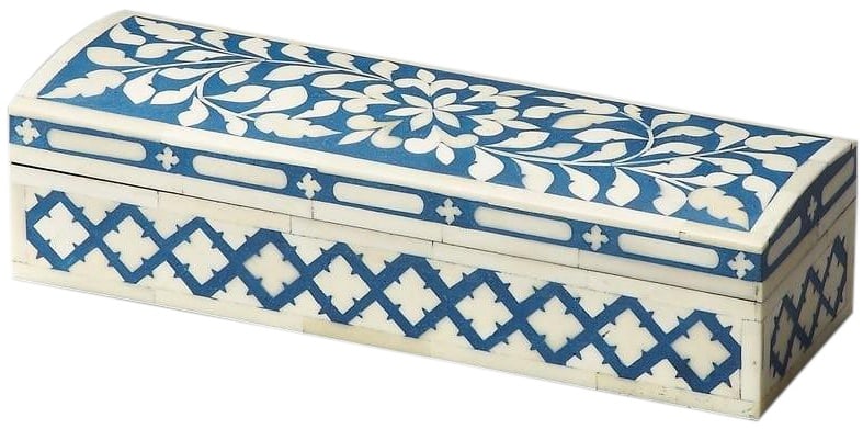 Butler Blue Bone Inlay Storage Box Hand-Crafted 12x4 Rectangle: Butler Blue Bone Inlay Storage Box Hand-Crafted 12x4 Rectangle This elegant storage solution features a stunning blue bone inlay design, perfect for enhancing any decor. Hand-crafted with care, this r