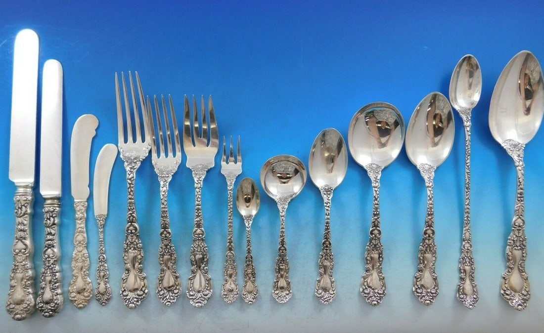 Gorham Imperial Chrysanthemum Sterling Silver Flatware Set 416 pc for 12 in 10 Drawer Chest: Gorham Imperial Chrysanthemum Sterling Silver Flatware Set 416 pc for 12 in 10 Drawer Chest Discover the elegance of the Imperial Chrysanthemum Sterling Silver Flatware Set by Gorham, featuring an imp