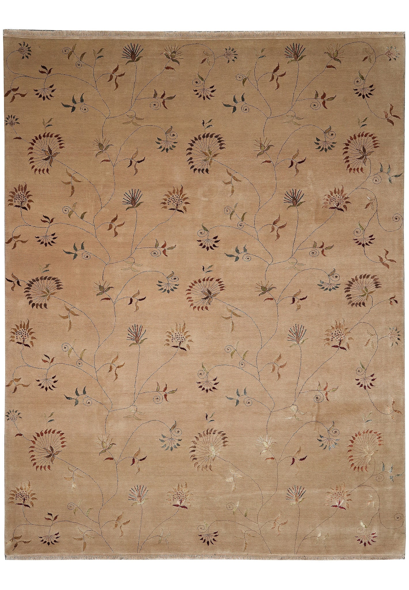 9.1 x 11.9 Transitional Hand-Knotted Wool Silk Rug Neutral: 9.1 x 11.9 Transitional Hand-Knotted Wool Silk Rug Neutral Free continental US Shipping This exquisite hand-knotted transitional rug features a luxurious blend of wool and silk, measuring 9.1 x 11.9 f