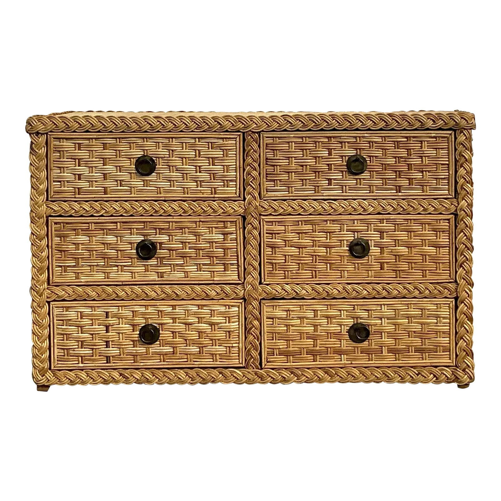 Vintage Braided Rattan Dresser with Six Drawers: Vintage Braided Rattan Dresser with Six Drawers Elevate your space with this vintage braided rattan six-drawer dresser, showcasing exquisite craftsmanship and a timeless design. The dresser features i