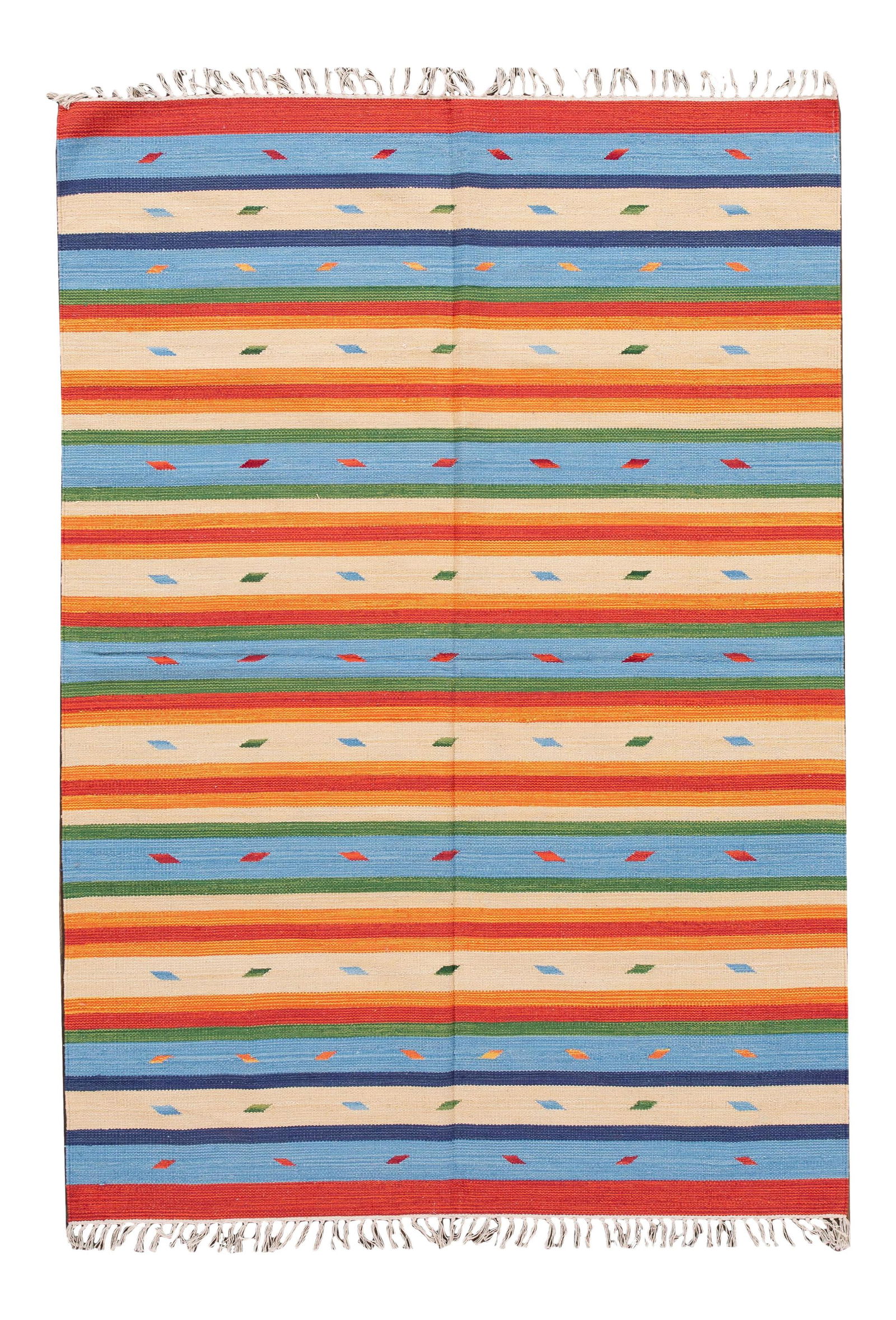 Hand-Woven Modern Kilim Rug Tan Multi-Color Stripes 4'7'' x 6'8'' Wool: Hand-Woven Modern Kilim Rug Tan Multi-Color Stripes 4'7'' x 6'8'' Wool Enhance your space with this stunning hand-woven modern Kilim rug, featuring a tan field complemented by vibrant multi-color acce