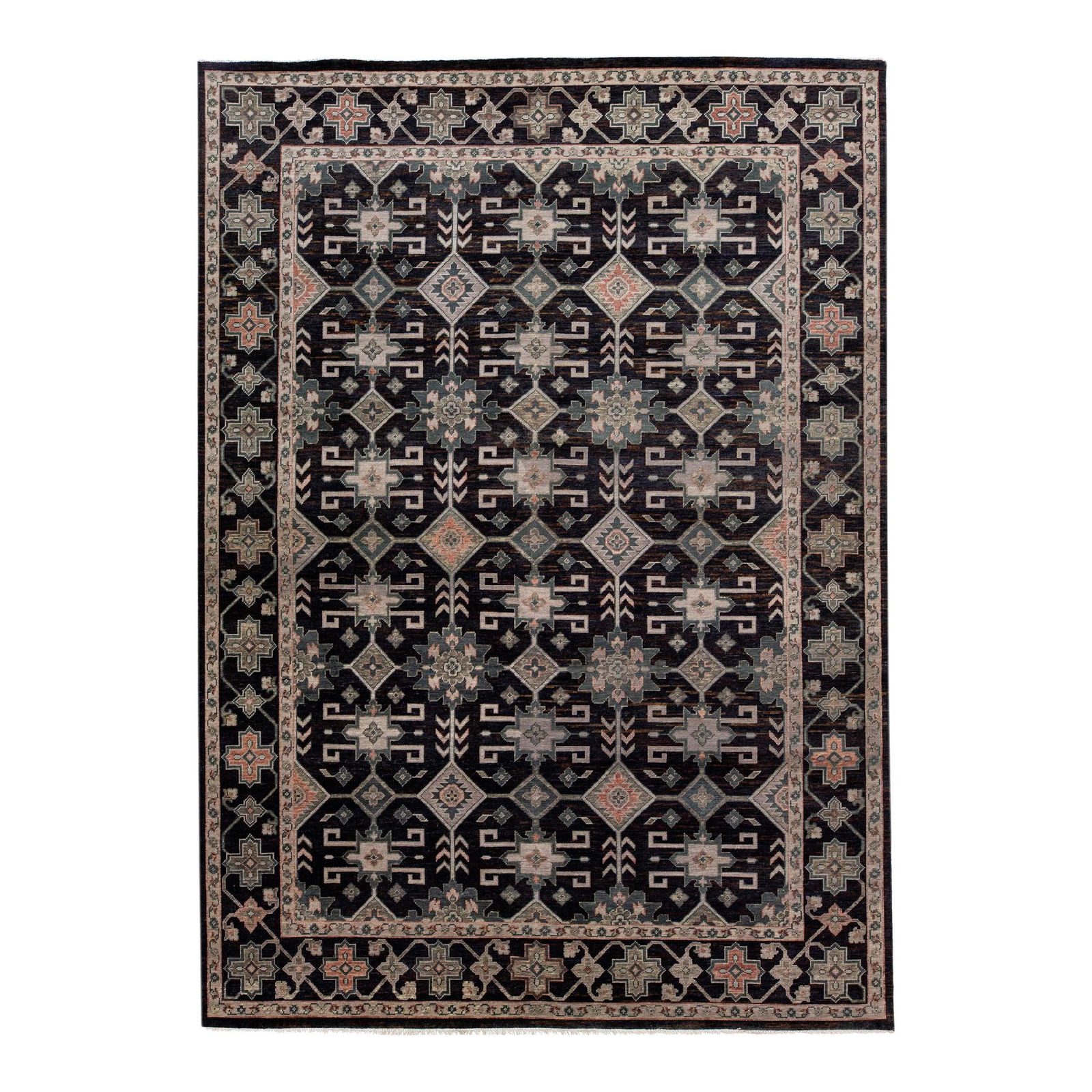 Handmade Charcoal Wool Oushak Rug 10'1 x 14' Geometric Design: Handmade Charcoal Wool Oushak Rug 10'1 x 14' Geometric Design Experience the elegance of this modern Oushak hand-knotted wool rug featuring a striking charcoal field. Crafted in Turkey, this rug showc