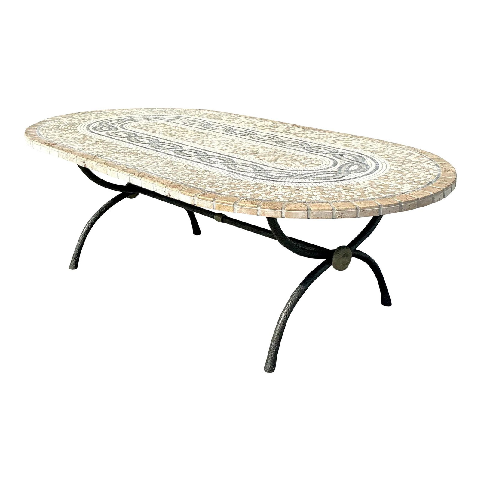 Vintage Boho Mosaic Tile Table on Bronze X Base 52x96 Greige: Vintage Boho Mosaic Tile Table on Bronze X Base 52x96 Greige This Vintage Boho Mosaic Tile Table on a Bronze X Pedestal is a stunning blend of artistry and elegance. The tabletop showcases a vibrant,