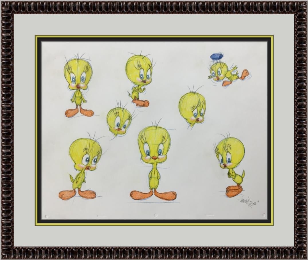 Virgil Ross Signed Tweety Bird Model Sheet Custom Framed Artwork: Virgil Ross Signed Tweety Bird Model Sheet Custom Framed Artwork This original signed model sheet drawing features the beloved character Tweety Bird, illustrated by legendary animator Virgil Ross. Ren