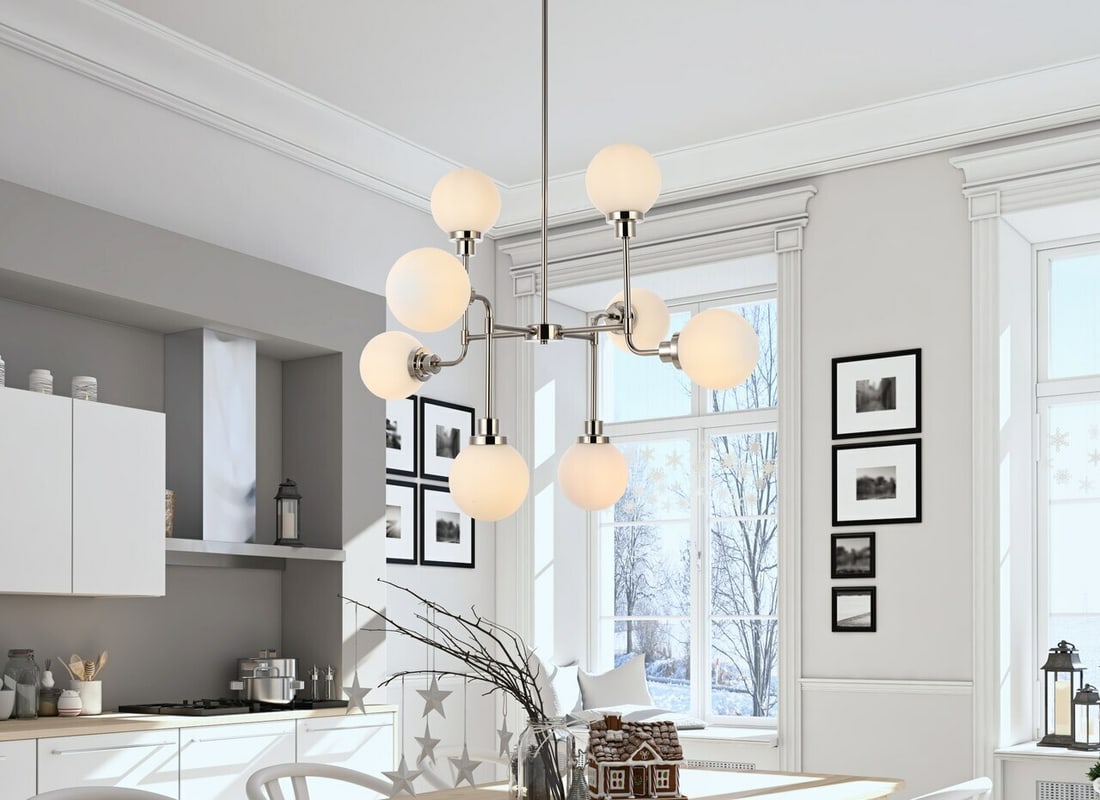 Hanson Polished Nickel 8-Light Chandelier with Frosted Glass Shade: Hanson Polished Nickel 8-Light Chandelier with Frosted Glass Shade Elevate your living spaces with this stunning 8-light chandelier featuring a polished nickel finish and frosted glass shades. Designe