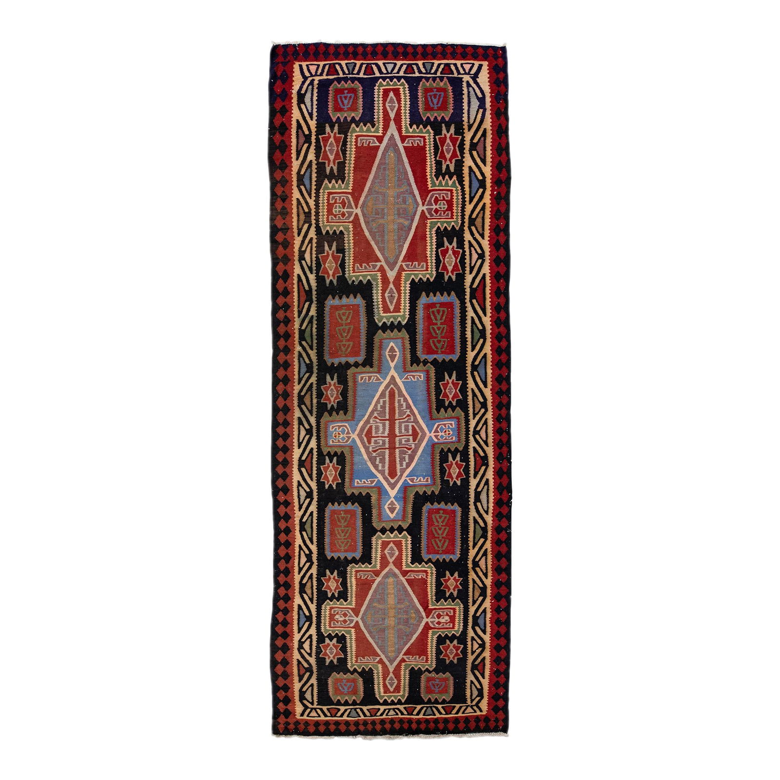 Vintage Turkish Kilim Wool Runner 4'6 x 13 Multicolor Tribal Design: Vintage Turkish Kilim Wool Runner 4'6 x 13 Multicolor Tribal Design This stunning vintage Turkish Kilim runner showcases exquisite hand-knotted craftsmanship in rich wool. Featuring a vibrant purple f