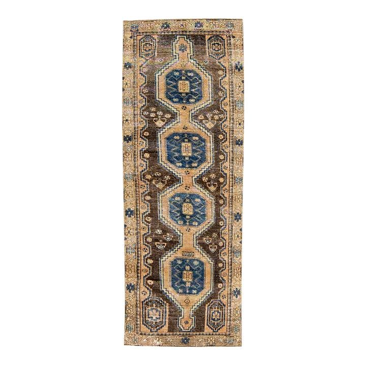 Vintage Geometric Hand-Knotted Wool Runner 3'2 x 9'2 Brown: Vintage Geometric Hand-Knotted Wool Runner 3'2 x 9'2 Brown Enhance your living space with this stunning Vintage Distressed Geometric Handmade Wool Runner. Featuring a rich brown field interspersed wit