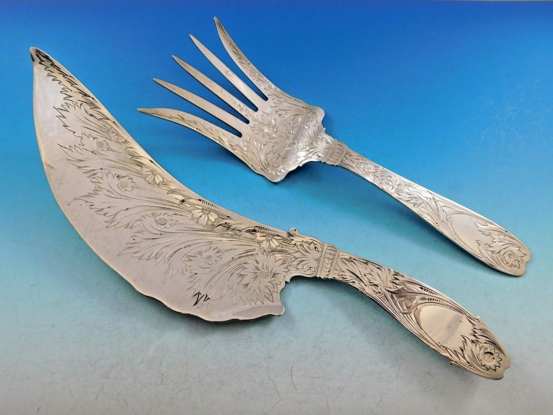 Whiting Sterling Silver Fish Serving Set 11 Engraved Floral Design: Whiting Sterling Silver Fish Serving Set 11 Engraved Floral Design This exquisite sterling silver fish serving set by Whiting Manufacturing Company showcases remarkable craftsmanship from the 1850-189
