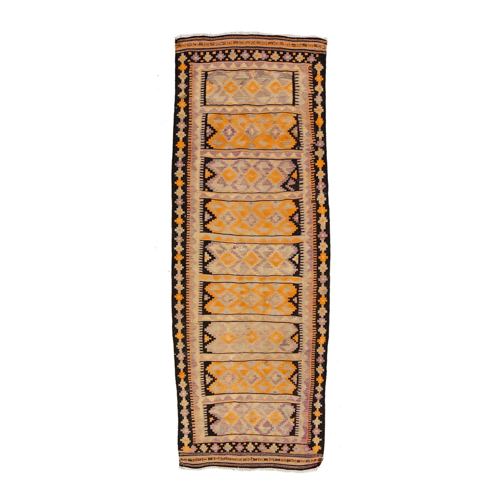 1960s Handmade Multicolor Geometric Wool Kilim Runner 3'6 x 9'8: 1960s Handmade Multicolor Geometric Wool Kilim Runner 3'6 x 9'8 This stunning vintage Kilim runner showcases a hand-knotted wool construction with vibrant multicolor accents and an intricate all-over