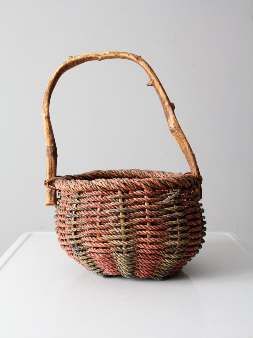 Vintage Rustic Woven Basket with Wooden Handle Red Green (1 of 12)