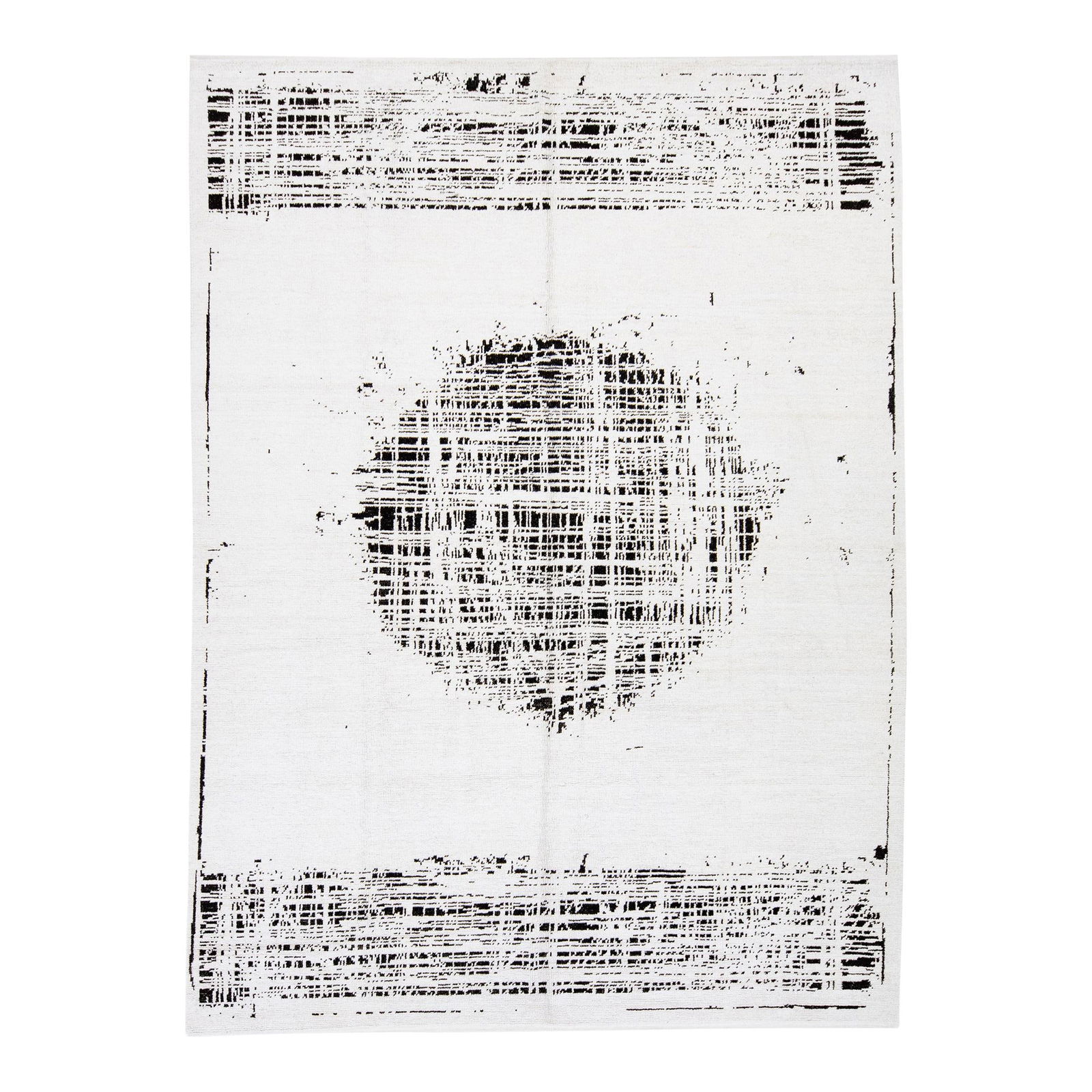 Modern Hand-Knotted Moroccan Wool Rug 8'11 x 12'2 Abstract Design: Modern Hand-Knotted Moroccan Wool Rug 8'11 x 12'2 Abstract Design Elevate your space with this striking modern Moroccan-style rug, meticulously hand-knotted from soft wool. Featuring a clean white fie